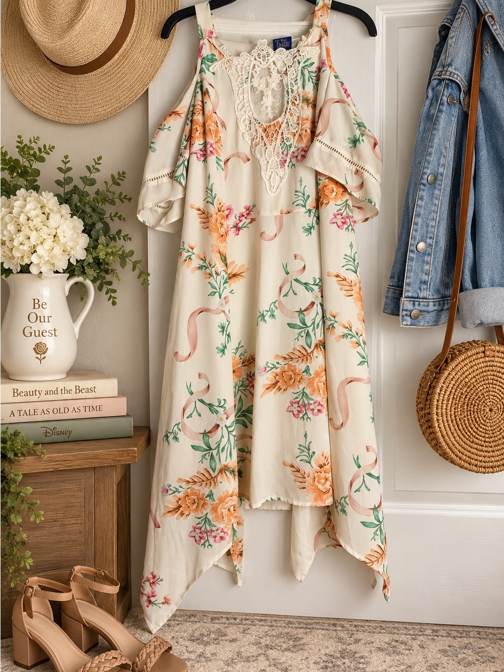 Disney Cream Floral High-Low Chemise with Lace Trim